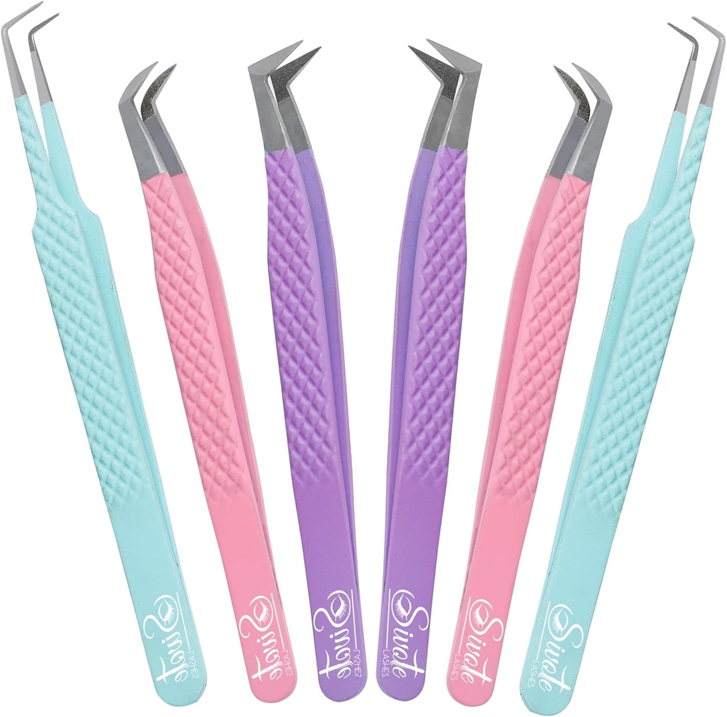 SIVOTE Lash Tweezers for Eyelash Extensions, Set of 6 - Volume, Volume Boot, Slim 90 Degree Tweezers with Fiber Tips in Pastel Colors, Ideal for Mega, Volume & Russian Lashes - Includes Leather Pouch