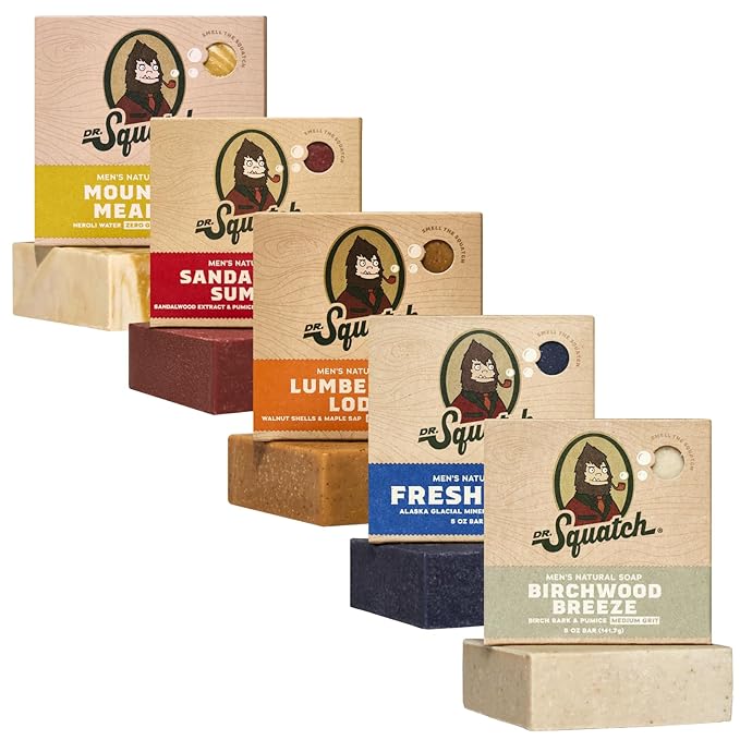 Dr. Squatch Natural Men’s Bar Soap - Cold Process Body Soap Bar with Natural Oils - Gifts for Men - Mountain Meadow, Sandalwood Summit, Lumberjack Lodge, Fresh Falls & Birchwood Breeze (5 oz, 5-Pack)