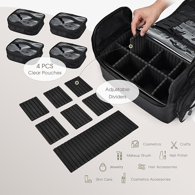 Makeup Train Case 18.1 Inch Large Travel Makeup Organizer Case Portable Makeup Arists Bag with Shoulder Strap Makeup Brush Slots 4 Clear Pouch for Cosmetologist Aesthetic Supplies Nail Tech Makeup Bag