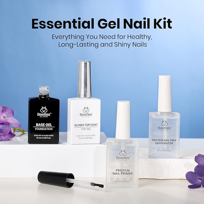 Beetles Gel Base and Top Coat Set with Protein Nail Dehydrator and Primer, 4 Pcs 15ml Extra Glossy Top Coat and Base Acid-Free & HEMA-Free Nail Prep Bond Primer for Acrylic & Gel Polish Gifts