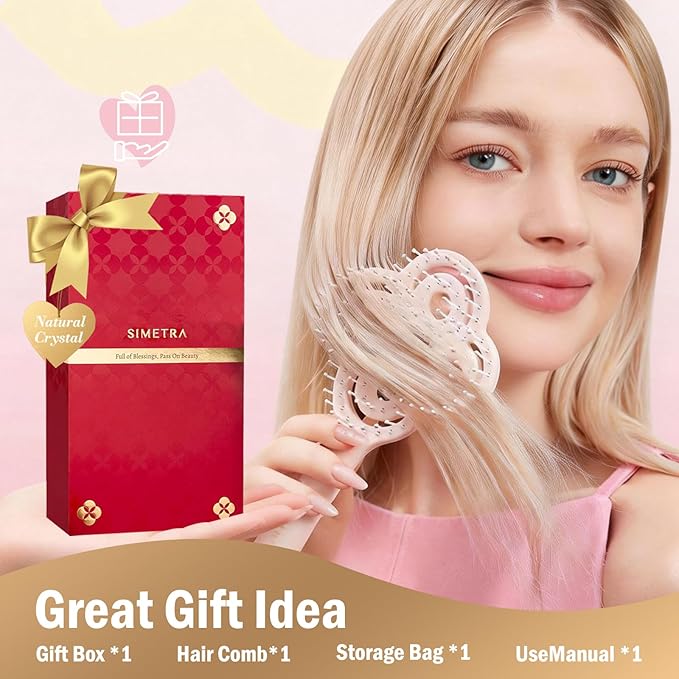Simetra Detangler Hair Brush for Women and Men, Original Detangling Brush for Curly Hair/Fine &Thick/Wet & Dry Hair, Holiday Present Hairbrush - Natural Crystal Inlay & 14K Gold Plating