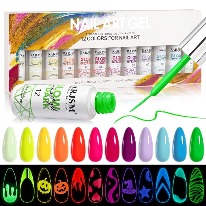 RARJSM Nail Art Gel Set, Glow In The Dark Gel Liner Nail Art Polish Luminous Design Nailpolish Neon Fluorescent Drawing Painting NailArt Polish Neon Colors