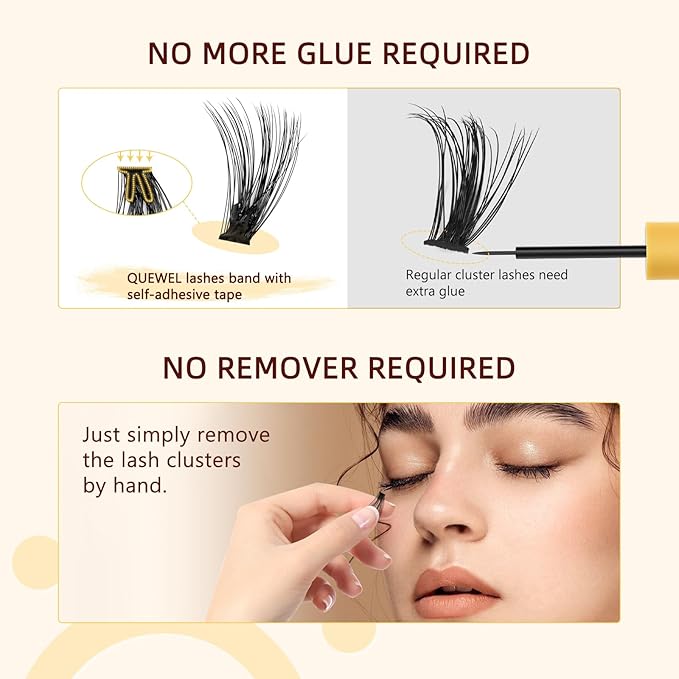 QUEWEL Self Adhesive Eyelashes Natural Look, No Glue Needed Lash Clusters with Eyelash Clusters Tweezer, 80 Pcs Reusable Lashes Self Adhesive for Beginners, DIY Lash Extensions for Home Use(ZN-04)