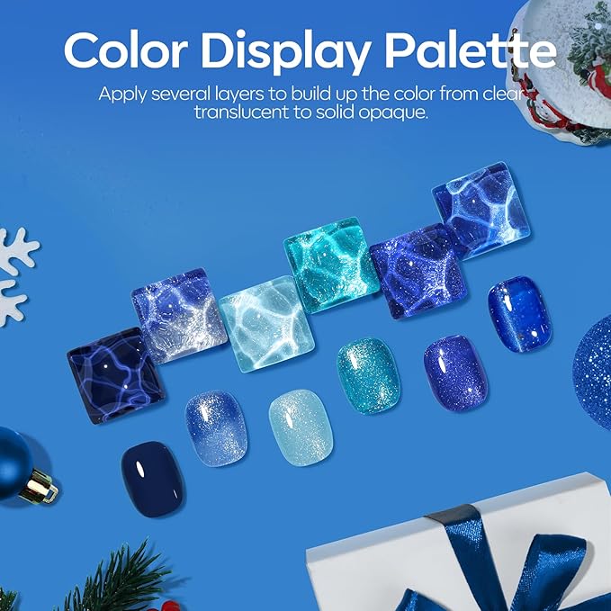 modelones Blue Gel Nail Polish Set, 6 Colors Winter Cat Eye Glitter Color Changing Chameleon Gel Polish Kit with Magnet Snow Stickers Soak Off Led Nail Art Manicure Salon DIY New Year Holiday Gifts