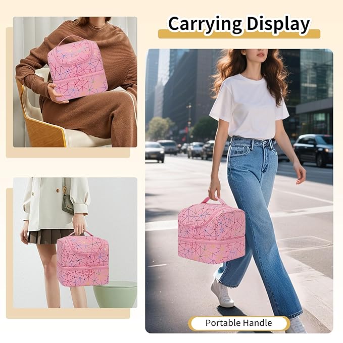 CUBETASTIC Nail Polish Organizer Bag, Double Layer Nail Tech Travel Case Holds 27 Bottles & Nail Lamp, Pink Nail Storage Organizer Box for Supplies, Portable Manicure Case