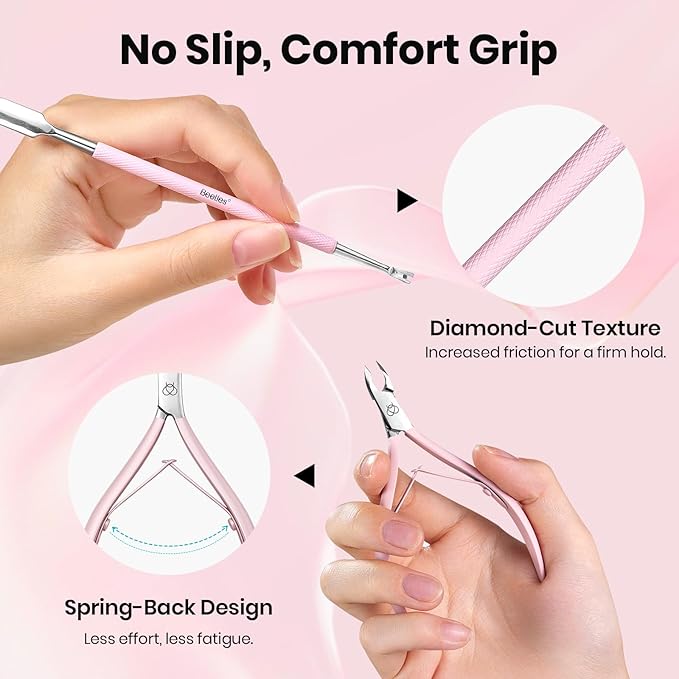 Beetles Manicure Kit for Women with Cuticle Remover, 3 PCS Pink Manicure Set Cuticle Trimmer Dual End Cuticles Pusher Clean Nails Tip Dirt Pusher with Storage Pouch Nail Prep Kit for Gel Nail Polish