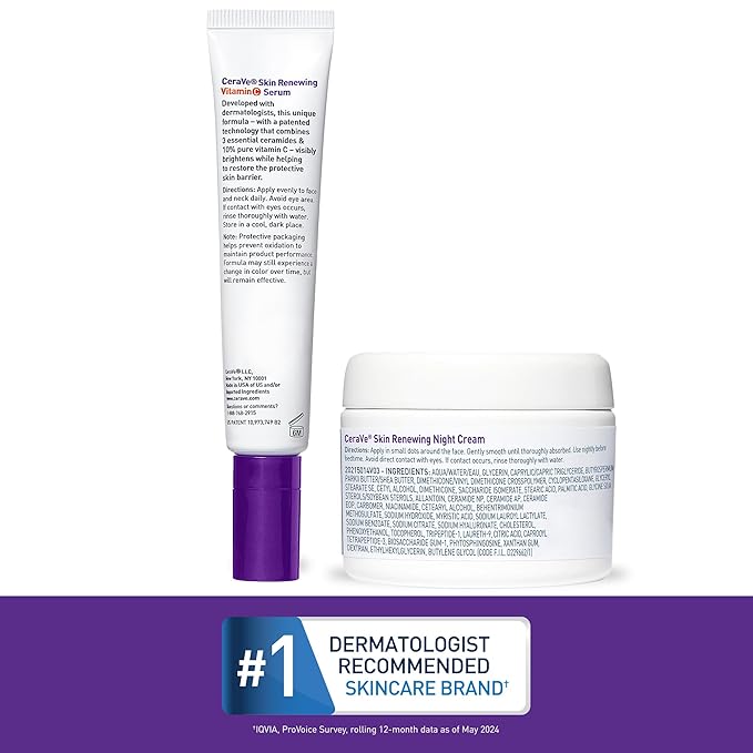 CeraVe Vitamin C Serum and Night Cream Skin Care Set, Brightening Serum with 10% Pure Vitamin C & Night Moisturizer with Peptides + Hyaluronic Acid, Travel Essentials, 1oz Vit C + 1.7oz Moisturizer