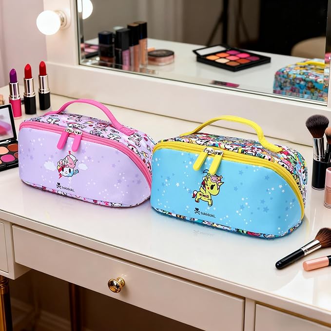 Tokidoki Makeup Bag for Women, Large Capacity Cosmetic Organizer & Toiletry Pouch with Handle, Official Licensed Unicorno Travel Cartoon Portable Makeup Case