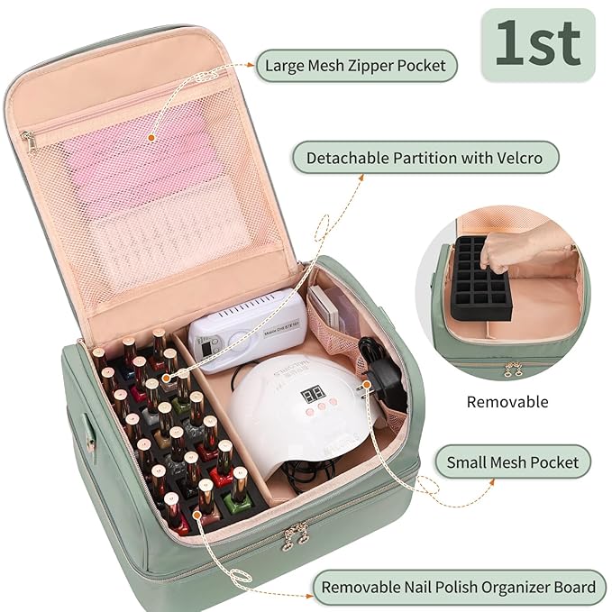 CUBETASTIC Nail Polish Organizer, Nail Tech Organizers and Storage Case Holds 69 Bottles Nail Polish & Nail Lamp, Travel Nail Supplies bag for Nail Tech Kit & Manicure Tools, Green