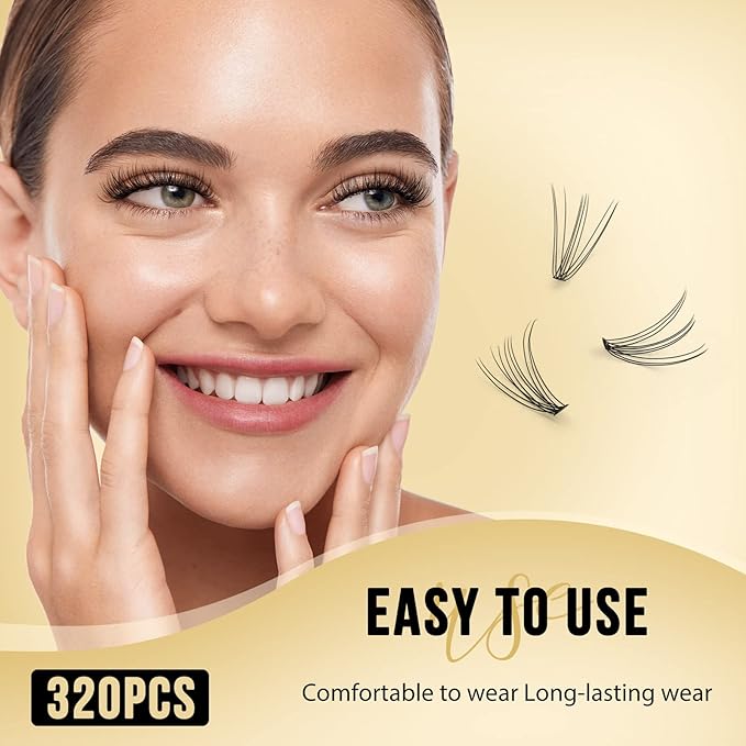 QUEWEL Lash Clusters 320Pcs Cluster Lashes 10D C Curl Lash Cluster Eyelash Extensions Mix12-18mm Individual Eyelashes Clusters Wispy Lash Clusters Thin Band Soft to Use at Home(10D C Mix12-18)