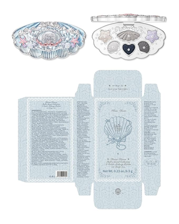 Flower Knows Shell's Jewel 6-Color Makeup Palette,Smoke Greys Eyeshadow Palette with 4 Matte + 2 Shimmer Shades,Blendable Smooth Cute Make Up,0.23 Oz(03 Deep Sea)