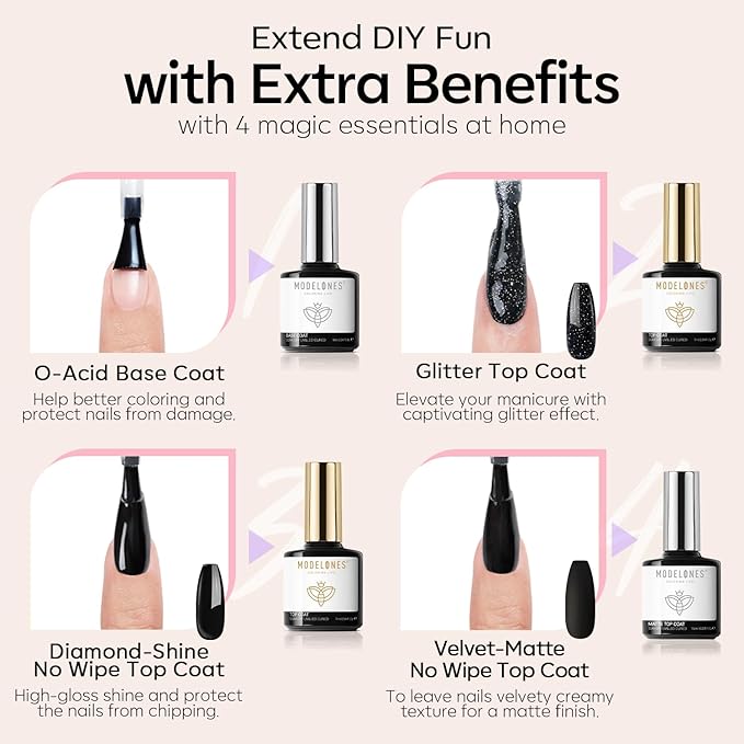 modelones 32 PCS Gel Nail Polish Set, 28 Colors Gel Polish with No Wipe Base Coat, Glitter & Glossy & Matte Top Coat Black Brown Red Purple Soak Off LED Nail Art Kit Salon at Home