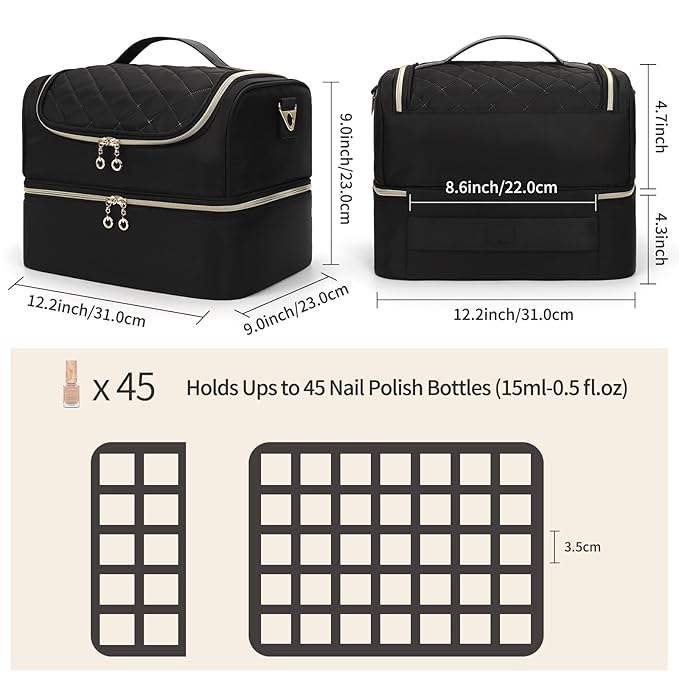 CUBETASTIC Nail Polish Organizer, Portable Nail Polish Storage Case Holds 45 Bottles Nail Polish & Nail Lamp, Travel Nail Supplies Organizer for Nail Tech Kit & Manicure Tools