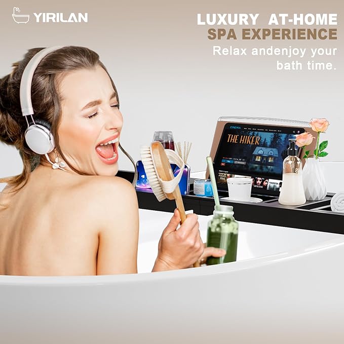 Yirilan Foldable Bathtub Caddy, Expandable Bath Tray, Unique House Warming Gifts, New Home, Anniversary and Wedding Gifts for Couple, Black-New