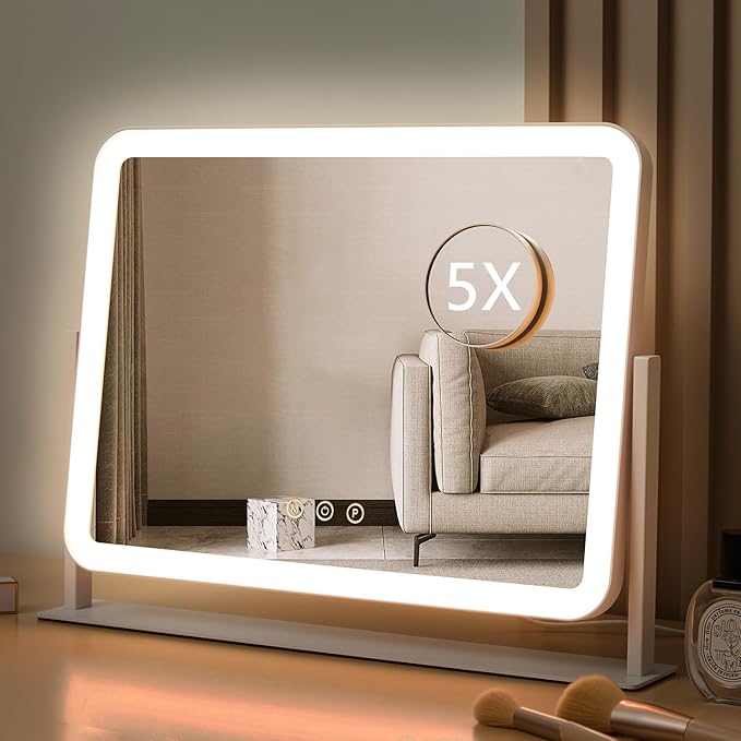 HIEEY Vanity Mirror with Lights, Lighted Makeup Mirror, Three Color Lighting Modes, and 5X Magnification Mirror, Smart Touch Control, 360°Rotation (17.4" x 13.5" White,Gift Box)