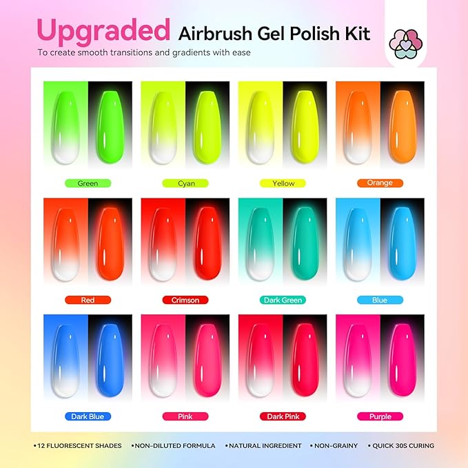 SAVILAND Airbrush Gel Nail Polish Hema-Free: Dilution-Free Fluorescent Airbrush Shine All Night Long,12 Colors Non-Acetone Glows in The Dark for Nails French Manicure DIY Salon & Party & Bar Social