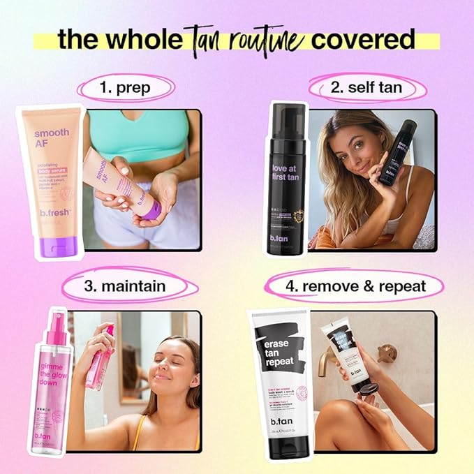 b.tan Large Violet Base Self Tanner Mousse | A Little Extra Love At First Tan - 1 Hour Express Sunless Tanning Foam, Cancels Orange Tones, Dark Bronze Glow, No Fake Tan Smell, Face & Body, 10.1 Fl Oz