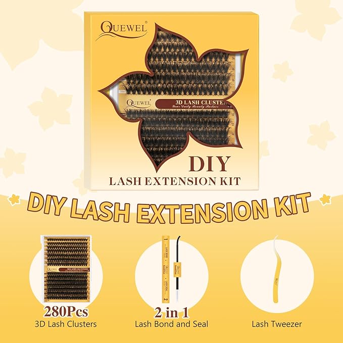 QUEWEL Lash Clusters Kit, 280Pcs 70D+90D 3D Lash Cluster Eyelash Extensions 10-18mm Lash Clusters Kit with Lash Bond and Seal and Lashes Tweezers Easy DIY at Home (70+90D 3D Kit)