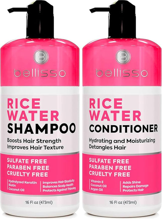 Rice Water Shampoo and Conditioner Set - Sulfate Free for Thin and Fine Hair - Fuller, Thickening Formula for Women and Men - With Strengthening Saw Palmetto - Anti Thinning, Volumizing for Thick Hair