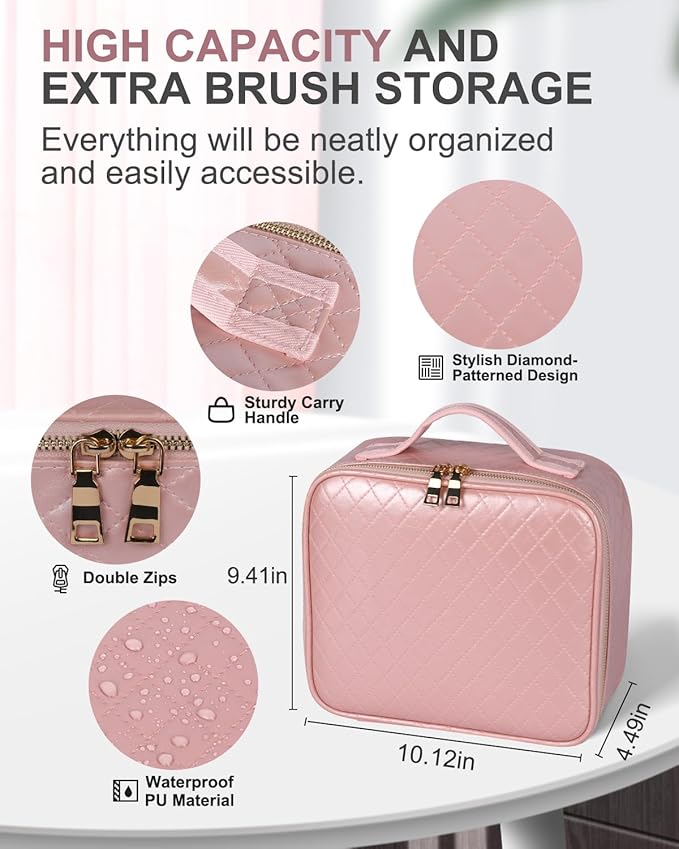 Makeup Bag with LED Lighted Mirror| Portable Makeup Organizer Train Case with 2X/3X Magnification & 3 Color Lights for Precision, Adjustable Brightness| Elegant Gift Packaging, Pink