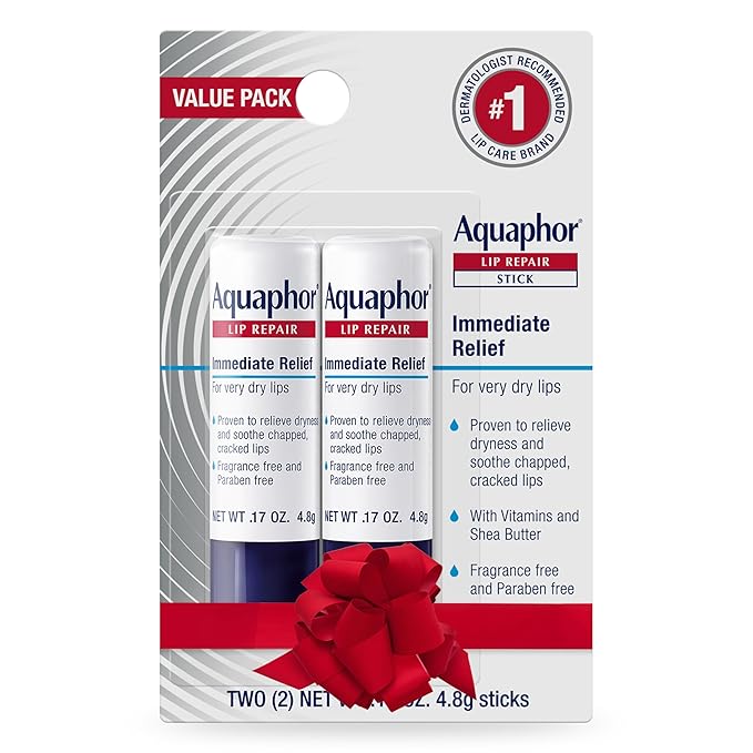 Aquaphor Lip Repair Stick, Moisturizing Lip Balm Pack, Relieves Dryness, Holiday Gifts for Self Care, 0.17 Oz Stick, Pack of 2