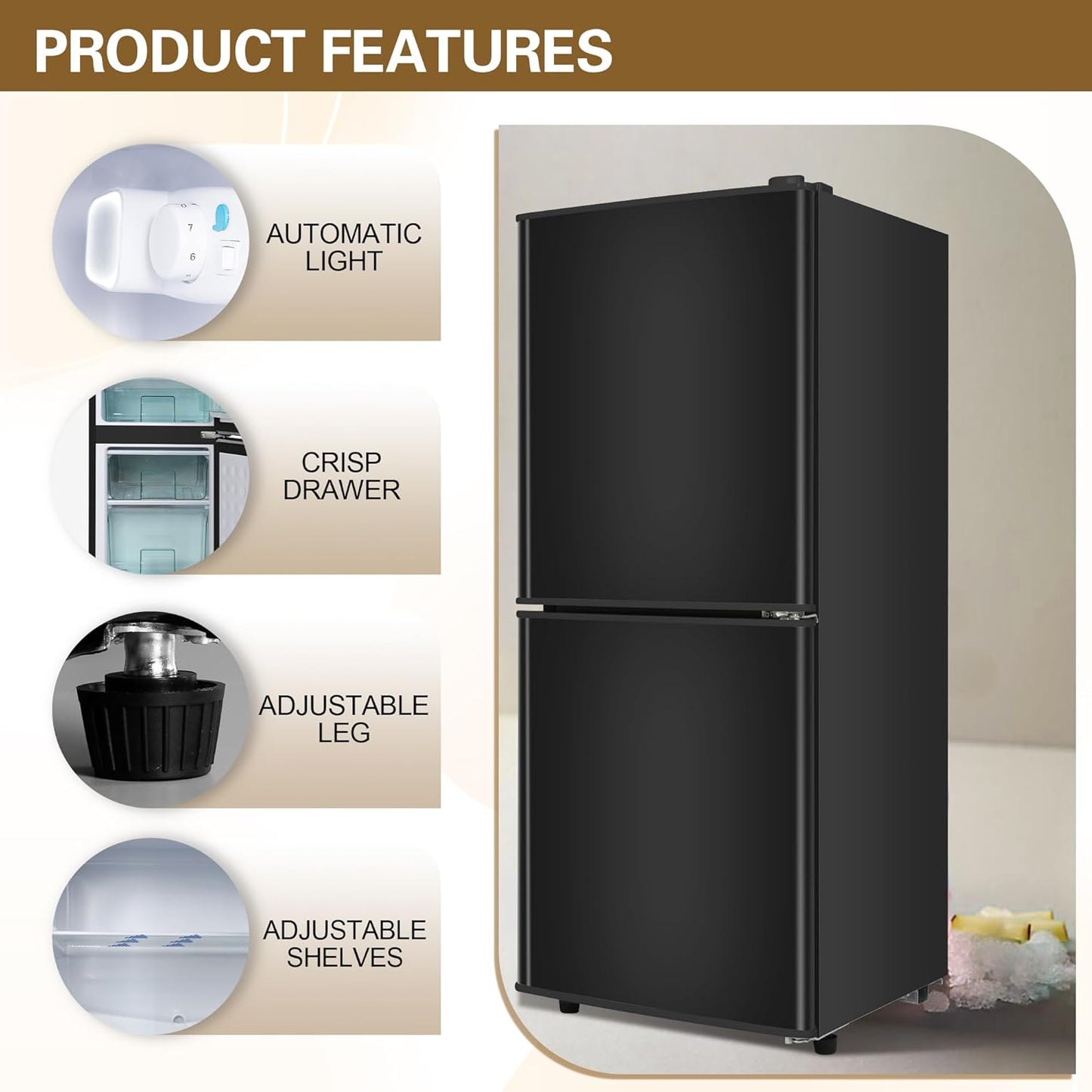 Small Refrigerator with Freezer for RV 4.2 Cu. Ft. Mini Fridge with Bottom Freezer, 7-Level Temperature Control Dorm Fridge for Kitchen, Office, Apartment, Black