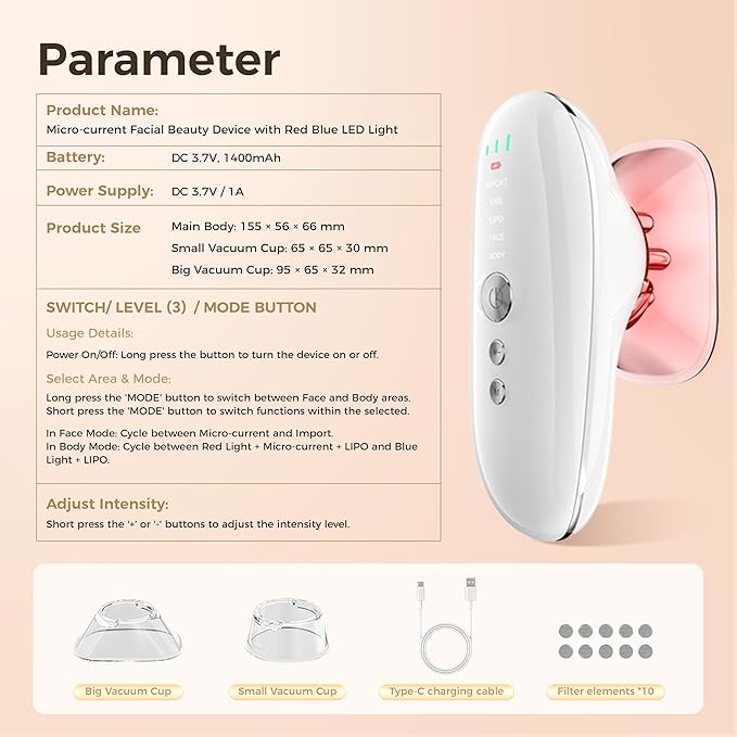 5-in-1 Lymphatic Drainage Massager, Microcurrent & Red Blue LED Massager with LIPO Vacuum, Facial and Body Contouring Tool for Abdomen, Thighs, Arms & Face