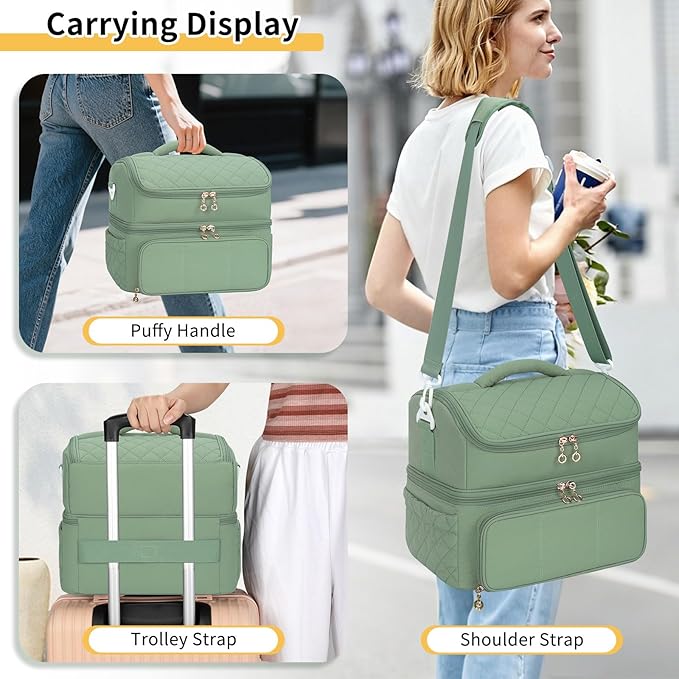 Nail Polish Organizer, Nail Organizers And Storage Bag Holds 48 Bottles & Full Size Nail Lamp, Double Layer Nail Tech Travel Case for Nail Supplies & Manicure Kit & Pedicure Tools (Green, 48 Slots)