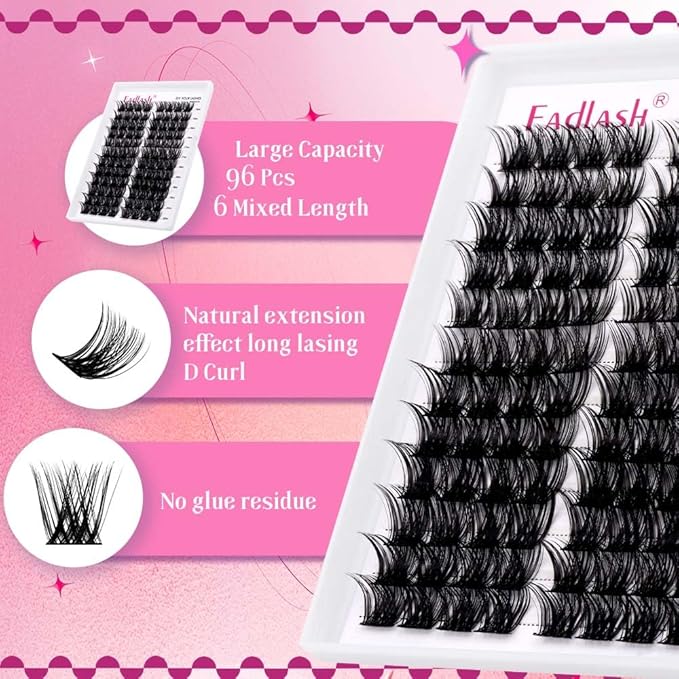 FADLASH Eyelash Extension Kit Lash Clusters Mix Tray Thin Band DIY Lash Extension Kit with Lash Bond and Seal Lash Tweezers Eyelash Applicator Tool Individual Lashes(F2-0.07D-15-20mm Kit)
