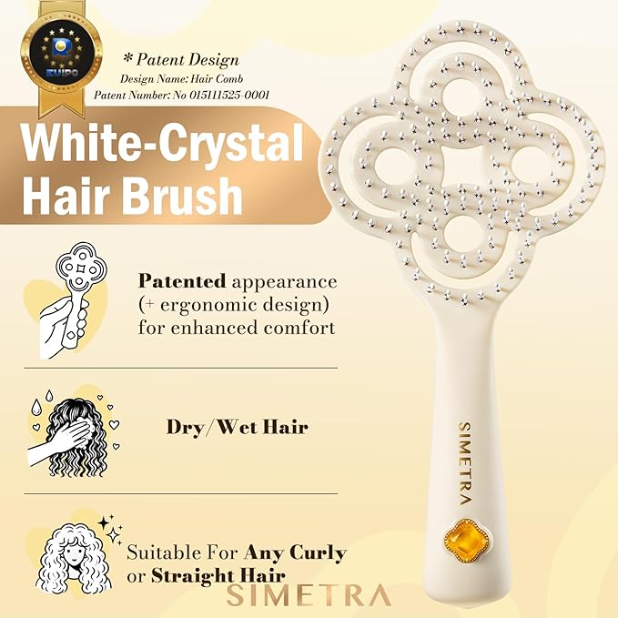 Simetra Detangler Hair Brush for Women and Men, Original Detangling Brush for Curly Hair/Fine &Thick/Wet & Dry Hair, Holiday Present Hairbrush - Natural Crystal Inlay & 14K Gold Plating