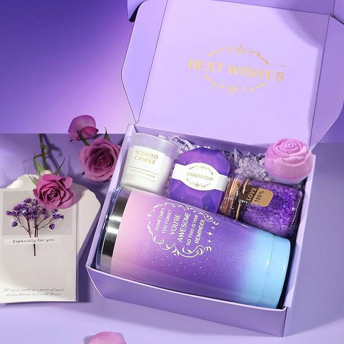 Birthday Gifts for Women, Valentines Day Gifts for Her, Wife, Girlfriend, Coworker, Grandma, Bestie, Romantic Purple Self Care Spa Relaxation Baskets Gift Set Idea for Her Anniversary