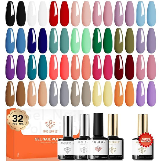 modelones 32 PCS Gel Nail Polish Set, 28 Colors Gel Polish with No Wipe Base Coat, Glitter & Glossy & Matte Top Coat Black Brown Red Purple Soak Off LED Nail Art Kit Salon at Home