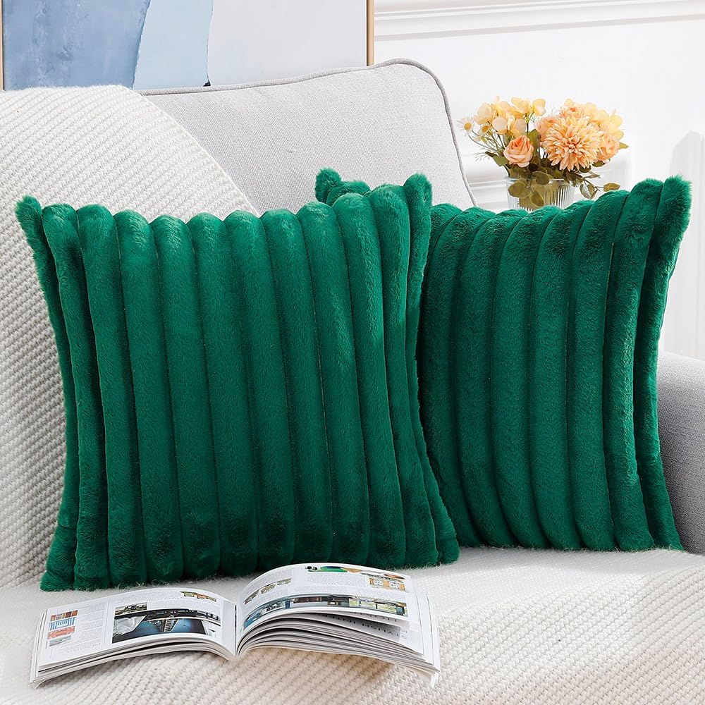 MADIZZ Set of 2 Faux Wool Plush Decorative Throw Pillow Covers 24x24 Inch Green Fluffy Striped Soft Decorative Cushion Cover for Sofa Bedroom Pillow Shell