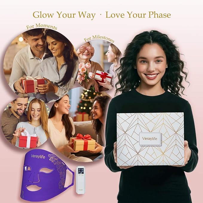 Red Light Therapy for Face, LED Facial Mask, Skin Care Light with Near Infrared 850nm & Adjustable Blue Light, Portable Home Device with 7 Colors & 8 Modes, 432 Beads Pro LEDs (Purple-F)