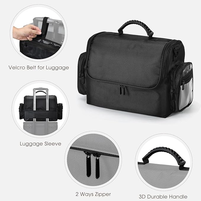 Makeup Train Case 18.1 Inch Large Travel Makeup Organizer Case Portable Makeup Arists Bag with Shoulder Strap Makeup Brush Slots 4 Clear Pouch for Cosmetologist Aesthetic Supplies Nail Tech Makeup Bag
