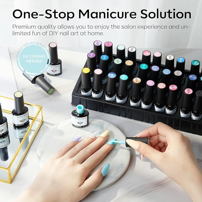 modelones 32 PCS Spring Gel Nail Polish Set, 28 Colors Pastel Gel Polish with No Wipe Base Coat, Glitter & Glossy & Matte Top Coat Maracon Colors Soak Off LED Nail Art Kit