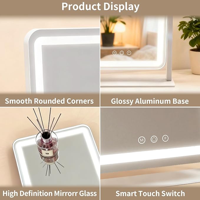 ROLOVE Vanity Mirror with Lights 13x16 Inch, Smart Touch Control, 3 Color Lighting Modes, Table Top Mirror with Stand for Bedroom