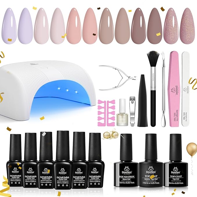 Beetles Gel Nail Polish Kit with Uv Light Base Gel Top Coat, 6 Colors Nude Neutral Nail Polish Starter Kit, Soak off Led Set DIY Manicure Home Nail Essentials Gift for Girls Women