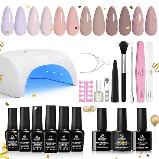 Beetles Gel Nail Polish Kit with Uv Light Base Gel Top Coat, 6 Colors Nude Neutral Nail Polish Starter Kit, Soak off Led Set DIY Manicure Home Nail Essentials Gift for Girls Women