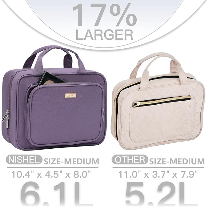 NISHEL Travel Toiletry Bag for Women, Makeup Essentials Organizer, Hanging Case for Accessories, Cosmetics, Medium Size, Purple