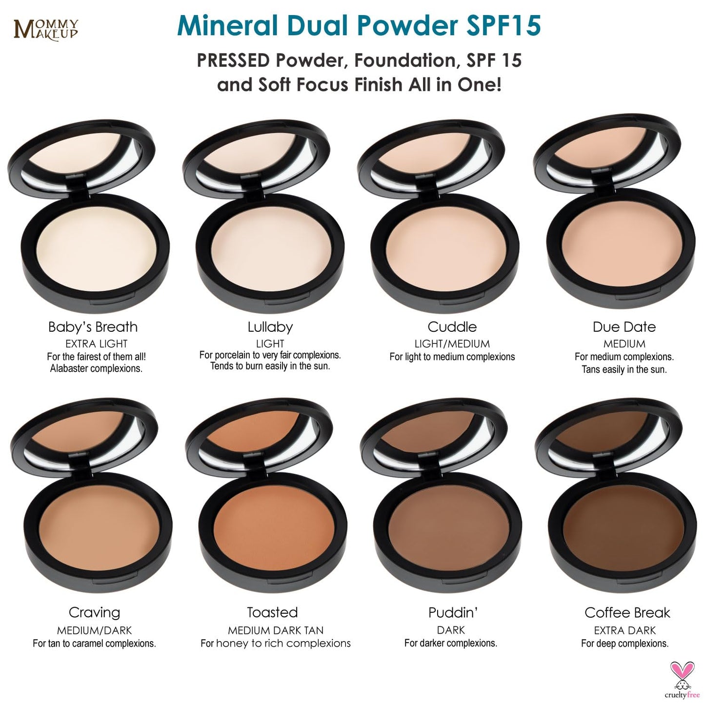 Mineral Dual Powder in Toasted (Medium Dark Tan) | 4-in-1 Pressed Mineral Foundation with SPF 15 for Flawless Glow & Soft Looking Skin | Oil Free, Talc Free, Gluten Free | 0.45 Oz | by Mommy Makeup