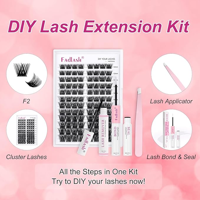 FADLASH Eyelash Extension Kit Lash Clusters Mix Tray Thin Band DIY Lash Extension Kit with Lash Bond and Seal Lash Tweezers Eyelash Applicator Tool Individual Lashes(F2-0.07D-12-18mm Kit)