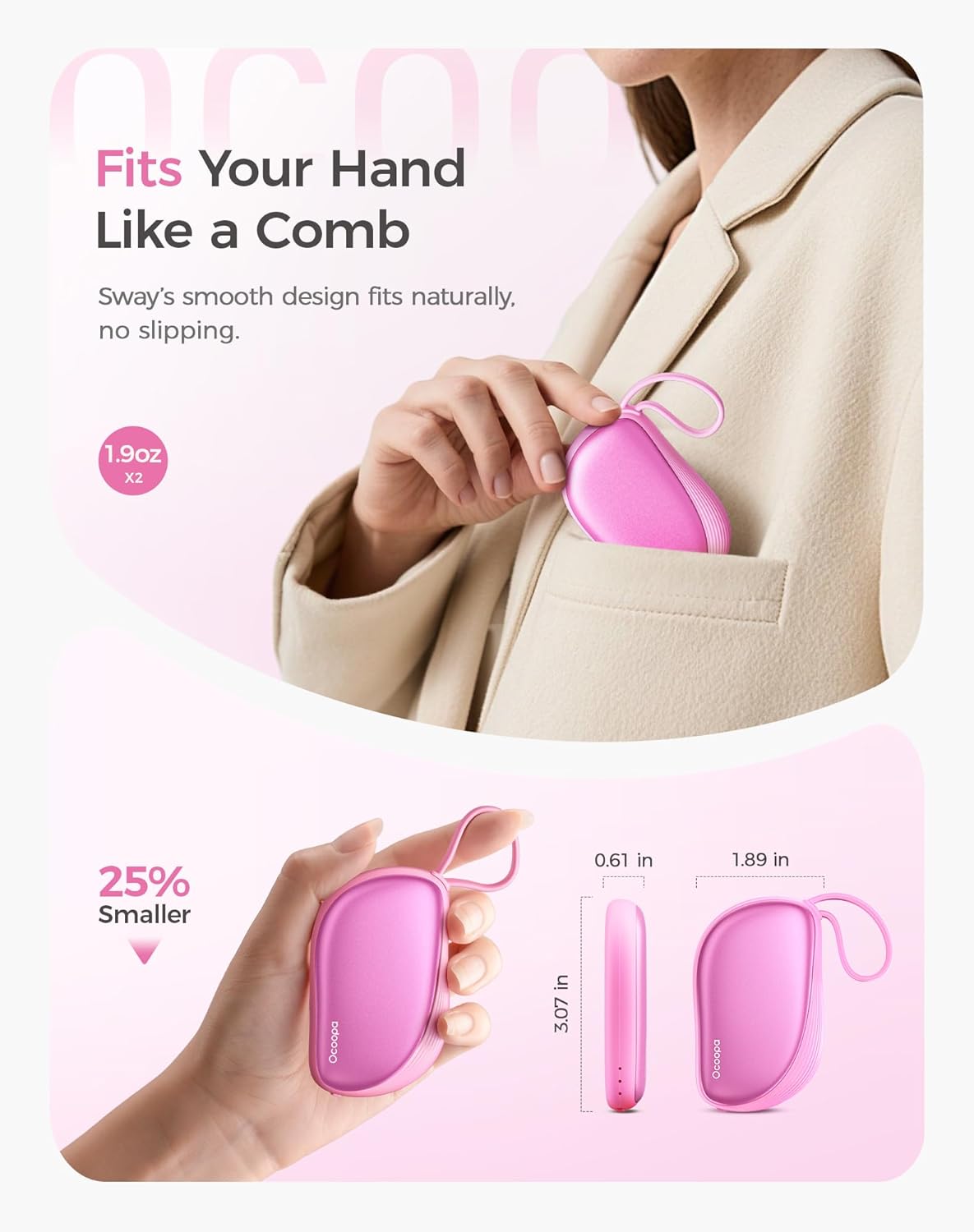 OCOOPA Hand Warmers Rechargeable 2 Pack, Ultra Slim Electric Hand Warmers, Portable Pocket Heater, Comb-Inspired, Fits in Gloves,UL Certified, Winter Essentials,UT5 Sway