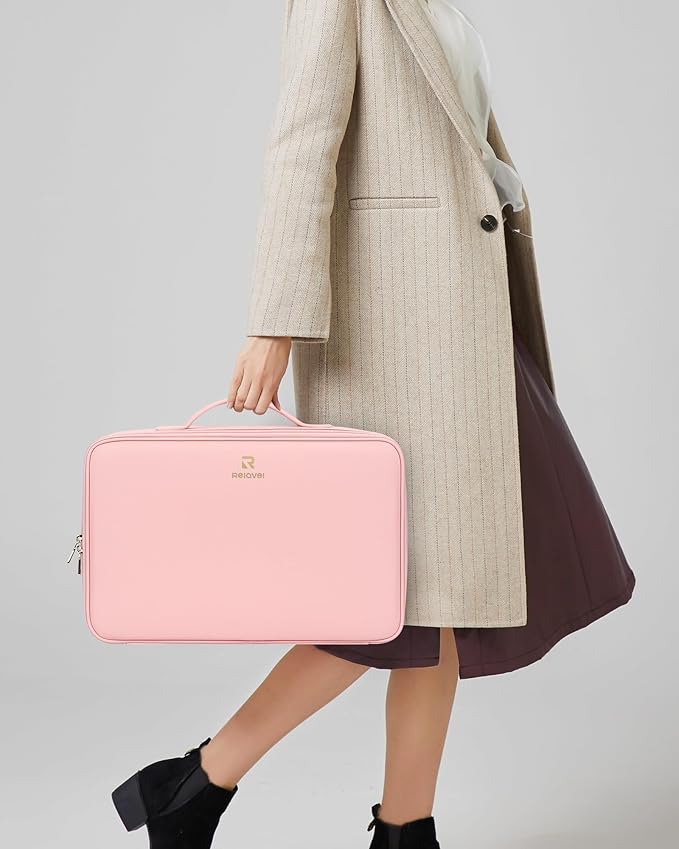 Relavel Large Makeup Case with LED Mirror, Train Cosmetic Case with Separate Brush Board, Professional Makeup Organizer Storage with Detachable Dividers for Makeup Artists, Hairstylist - Pink