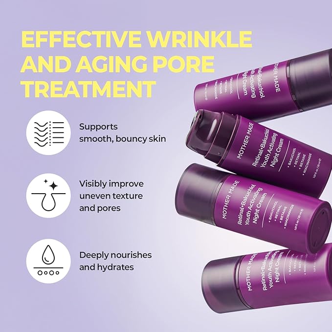 MOTHER MADE Retinol Bakuchiol Night Cream, 1 Fl Oz, Korean Retinal Face Cream to Firm Skin, Reduce Wrinkles, Fine Lines, Signs of Aging, Antiaging, Smoothing, Korean Skincare