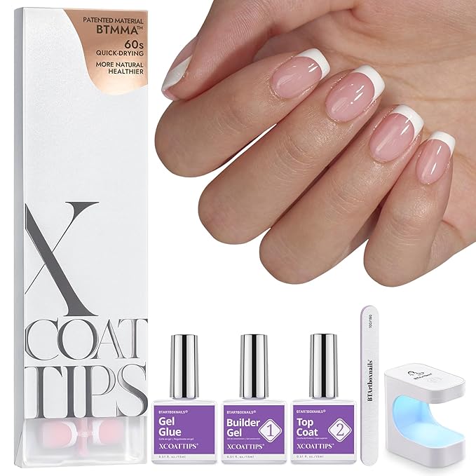 BTArtboxnails XCOATTIPS French Tips Nails - Extra Short Square Nail Tips with Nail Gel, French Protecing Duo, Nail Lamp, All in One Soft Gel French Tip Press on Nails Gel Extension