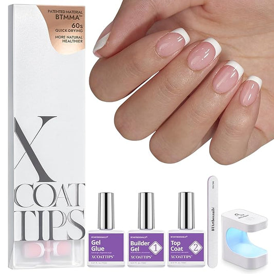 BTArtboxnails XCOATTIPS French Tips Nails - Extra Short Square Nail Tips with Nail Gel, French Protecing Duo, Nail Lamp, All in One Soft Gel French Tip Press on Nails Gel Extension