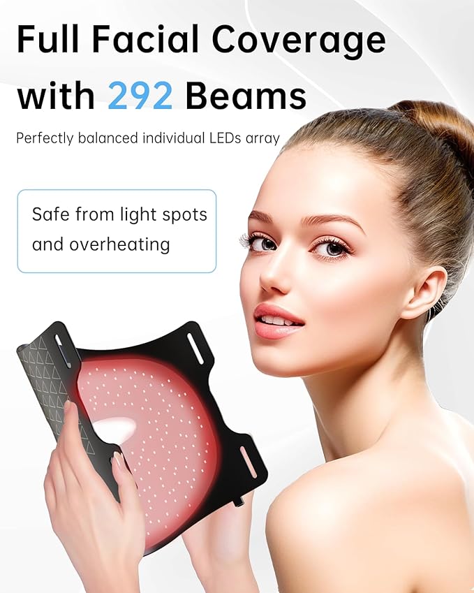 Red Light Therapy Mask: 292 LEDs High Energy Professional Infrared Red Light Therapy Device for Face Led Lighting Facial Mask Replace Photon Rejuvenation - Black