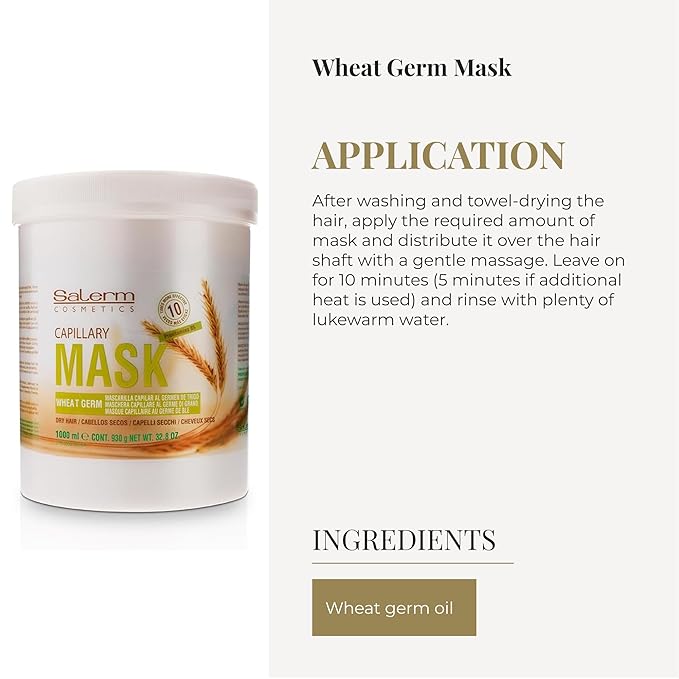 SALERM - Nourishing Hair Mask - 1000 ml - with Wheat Germ - for Dry and Damaged Hair - Deep Hair Hydration - Shine and Brightness - Hair Strengthening