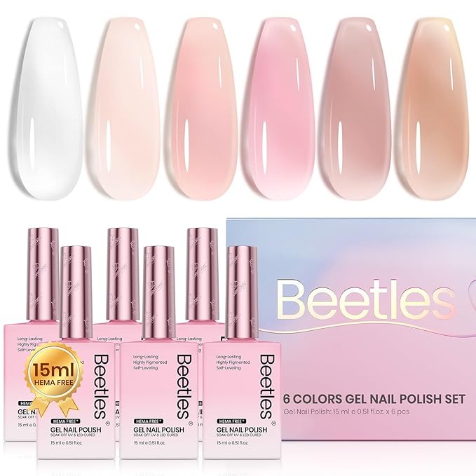 Beetles Jelly Gel Nail Polish Set - 6 Colors 15ML Full Size Hema Free Nude Pink Brown Milky White Sheer Gel Polish Kit Translucent Effect Soak Off UV Colorful Bottle Gel Gift for Women